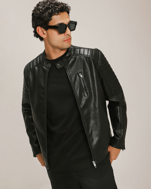 Chamarra Negra Biker Efecto Piel